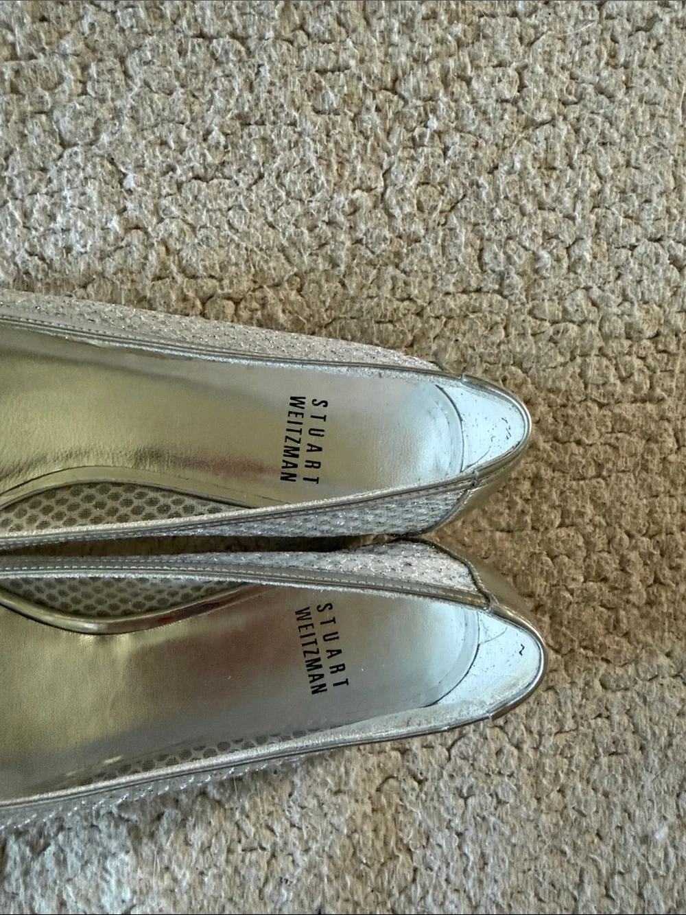 Stuart Weitzman Silver Mesh Ballet Flats with Metallic Bow Toe Accent 7.5 N